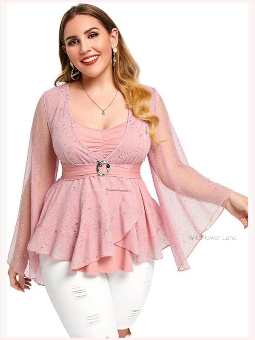 Plus Size Sparkly Bell Sleeve Blouse with Star Print - Women's Tunic Top
